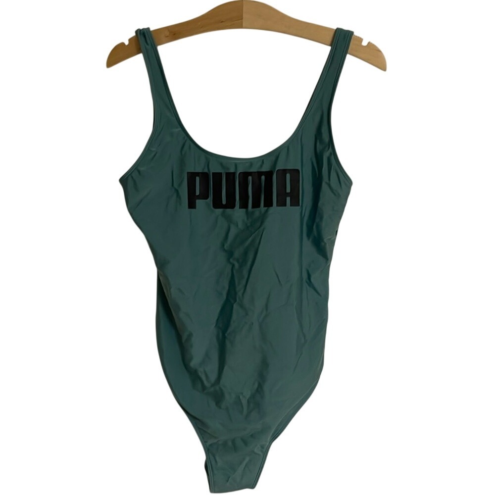 Puma Womens Logo One Piece Swimsuit Teal Green Scoop Back‎ Athletic Swimwear